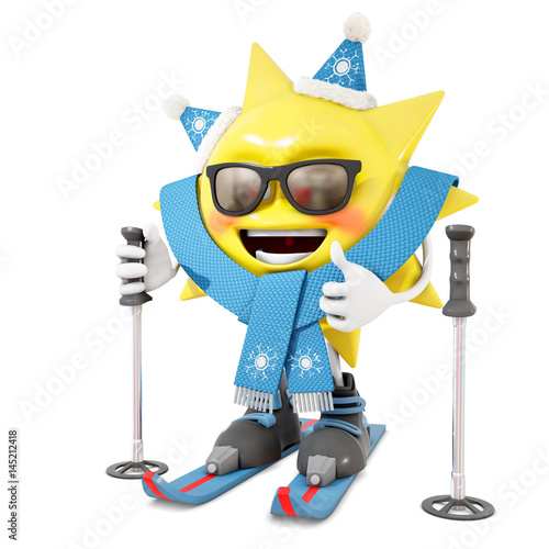 3D skiing sun character, 3d rendering