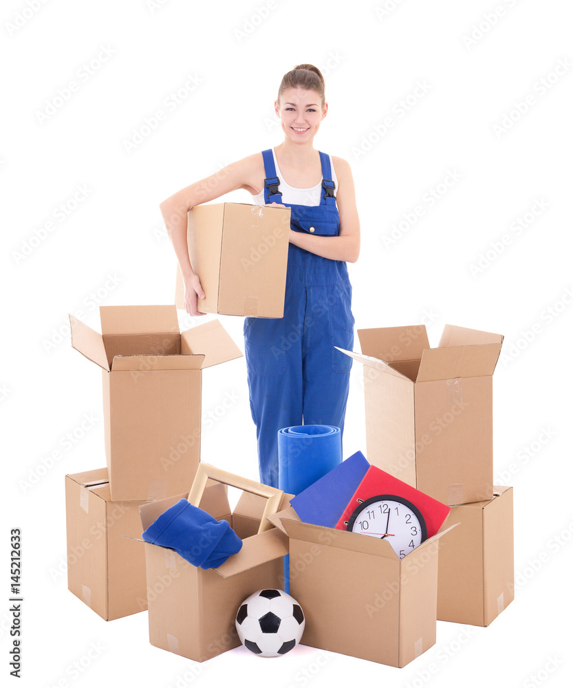 moving day concept - young woman in workwear with cardboard boxes isolated on white moving day concept - young woman in workwear with cardboard boxes isolated on white