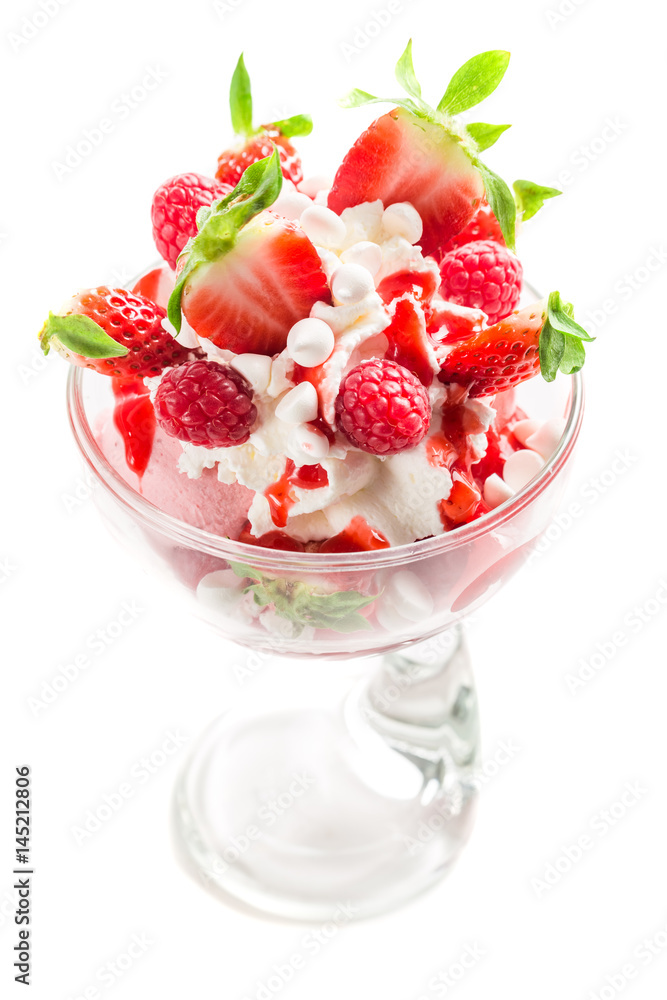 Sweet raspberry and strawberry ice cream on white background Sweet raspberry and strawberry ice cream on white background