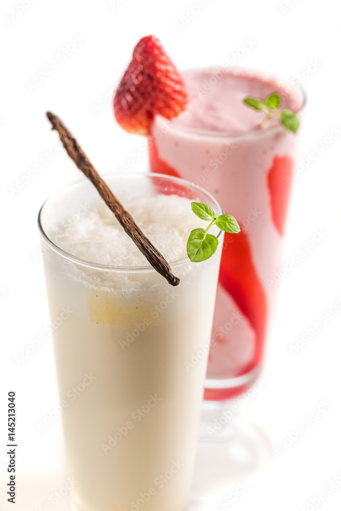 Closeup of strawberry and vanilla smoothies on white background Closeup of strawberry and vanilla smoothies on white background