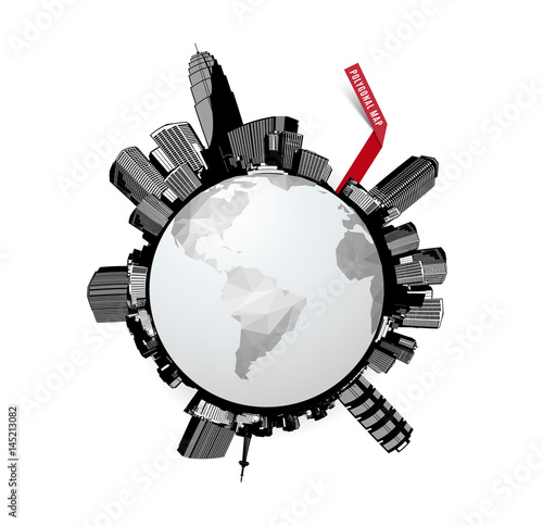 Black and white circle cityscape with skyscrapers and world polygonal map.