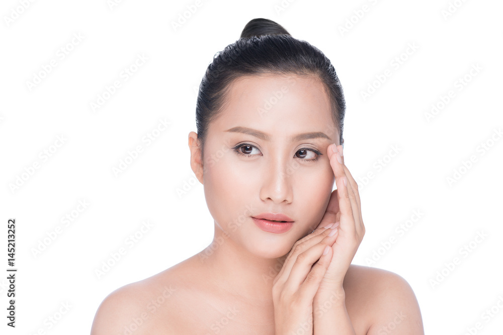 Young asian woman's beauty. Portrait of girl over white background. Beauty treatment, spa, health care, body and skin care concept.