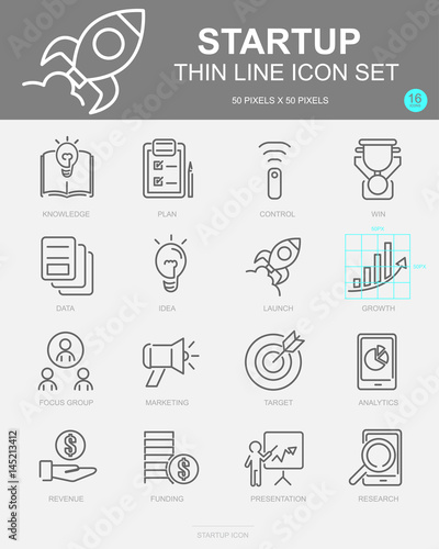 Set of Startup Vector Line Icons. Includes Knowledge, Plan, Control, Data and more. 50x50 Pixel.