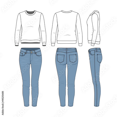 Vector illustration of female clothing set. White basic sweatshirt, jeans. Blank vector clothing templates for fashion design in modern urban or hipsters style. Isolated on white background.