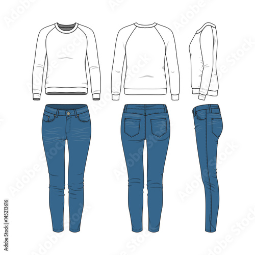 Vector illustration of female clothing set. White basic raglan sweatshirt, jeans. Blank vector clothing templates for fashion design in modern urban or hipsters style. Isolated on white background.