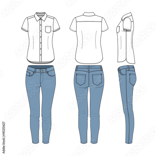 Female Clothing Set Of White Shirt And Blue Jeans Vector Templates In Front Back Side Views For Fashion Design Isolated On White Background Stock Vector Adobe Stock Female Clothing Set Of White Shirt And Blue Jeans Vector Templates In Front Back Side Views For Fashion Design Isolated On White Background Stock Vector Adobe Stock