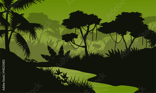 Silhouette of jungle with river landscape