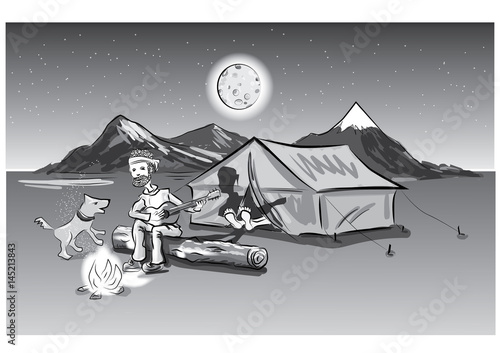 Outdoor camp under the stars and full moon in grayscale