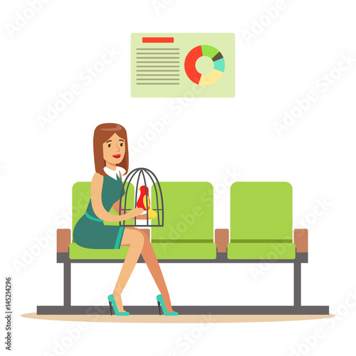 Woman sitting in waiting hall with her parrot in a cage and expecting for visiting a doctor. Colorful cartoon character Illustration