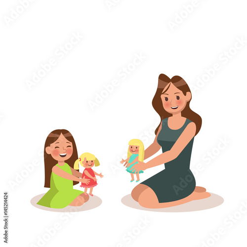 Mom and daughter playing doll. character design