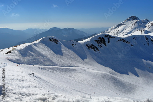 Ski slope in the mountains. Ski resort Rosa Khutor, Russia