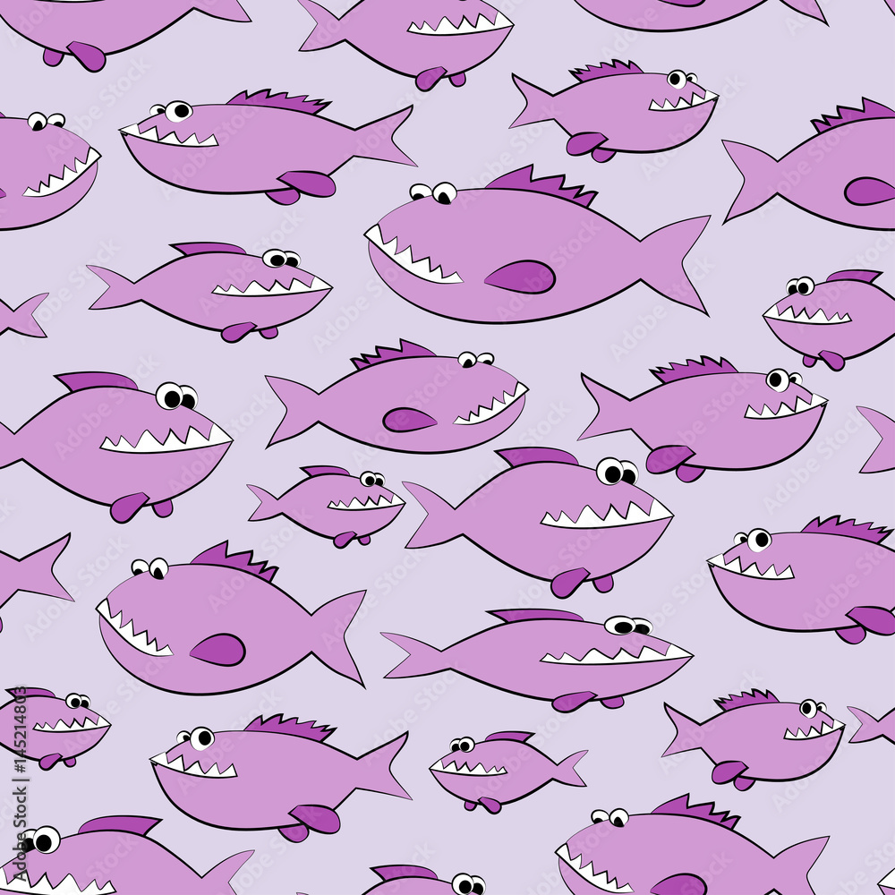 Fototapeta premium Funny piranhas. Seamless pattern on blue background.