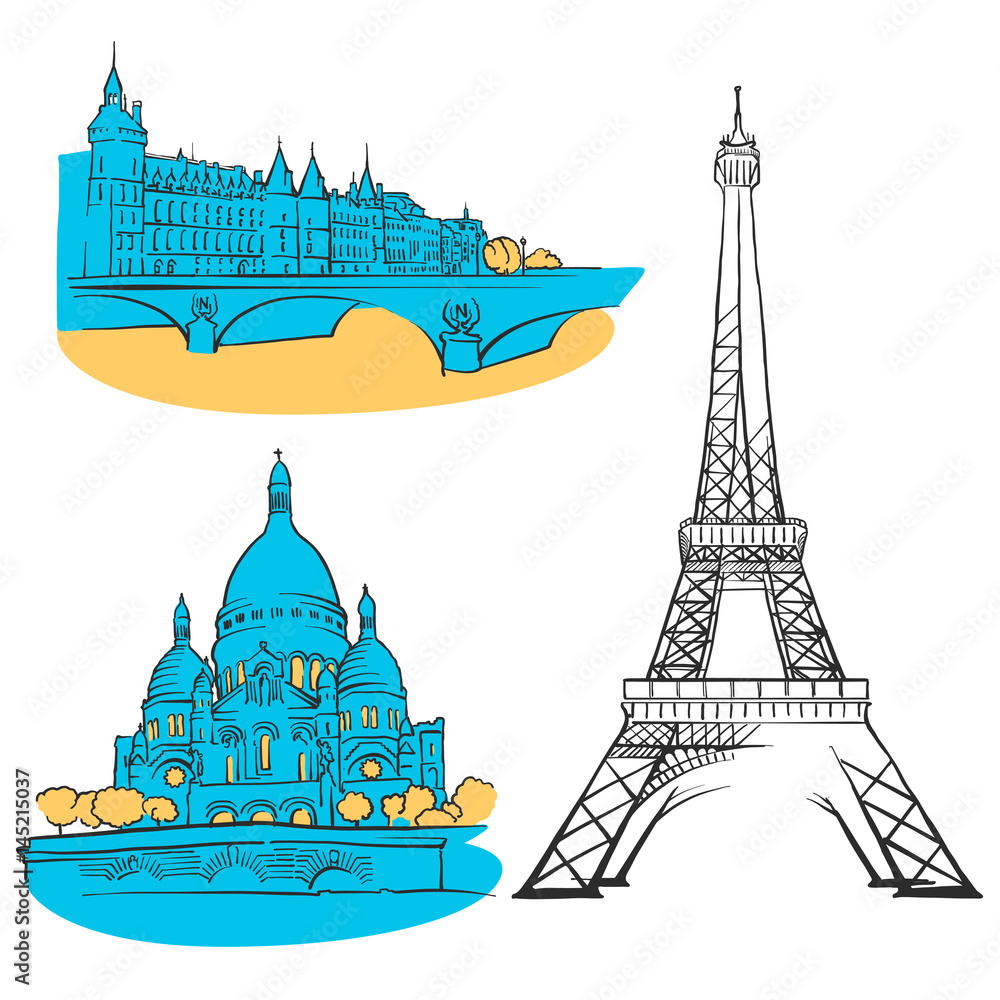 Paris France Colored Landmarks