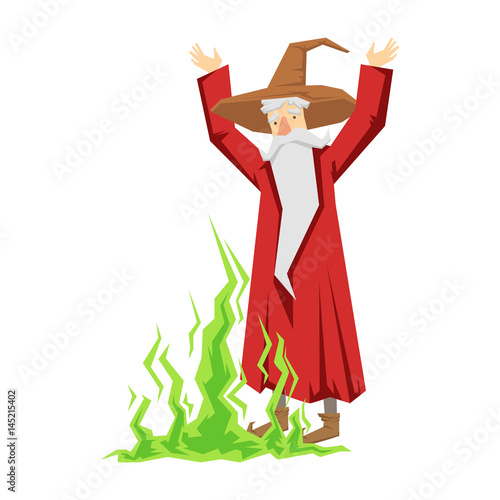Wizard waving with both hands. Colorful fairy tale character Illustration