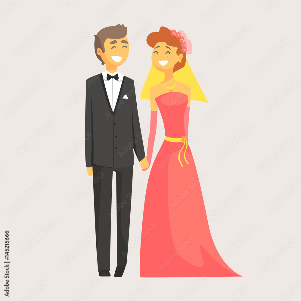 Happy wedding couple holding hands. Romantic couple colorful cartoon character Happy wedding couple holding hands. Romantic couple colorful cartoon character