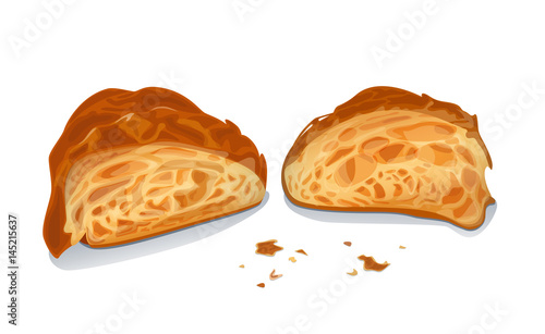 Vector croissant cutted in half. The pieces of flaky pastry with crumbs on white background.