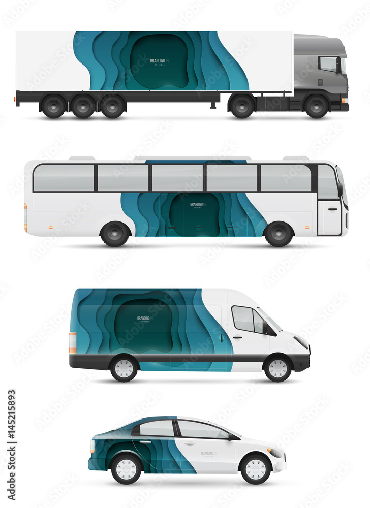 Design branding vehicles for advertising and corporate identity. Mock up for transport. Passenger car, bus and van. Graphics elements with paper blue hole.