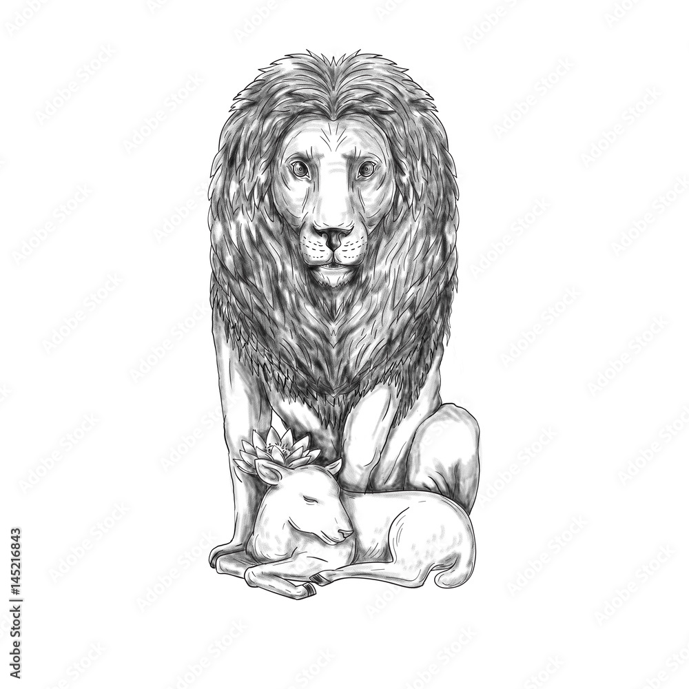 Naklejka premium Lion Watching Over Lamb Tattoo