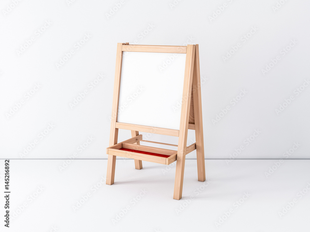 Wooden Easel Mockup with blank white canvas in empty interior, 3d rendering Wooden Easel Mockup with blank white canvas in empty interior, 3d rendering