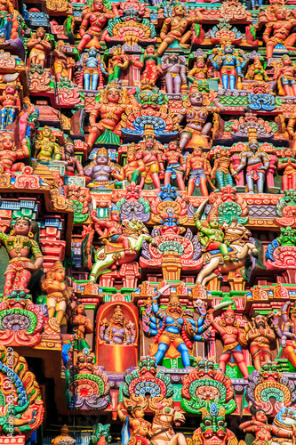 Colorful carved walls of the Indian temple.