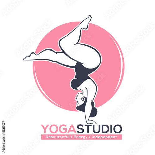 be fit, vector logo template for yoga or pilates studio with image of oversize curve lady
