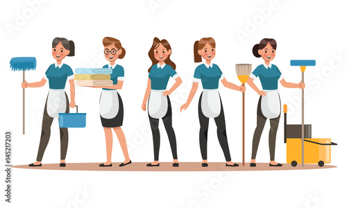 Cleaning staff characters design. Happy Cleaning. Cleaning company vector concept design.