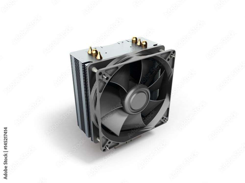 Active CPU cooler with the aluminum finned heat-sink and the fan 3d render on white