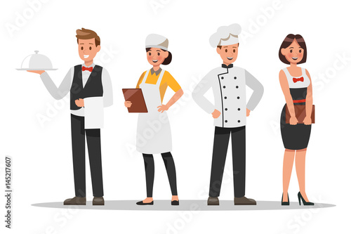 Restaurant staff characters design. Include chef, assistants, manager , waitress . Professionals team. photo