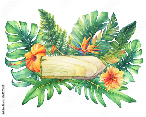 Composition with nameplate, flowers and tropical plants. Hand drawn watercolor painting on white background. photo