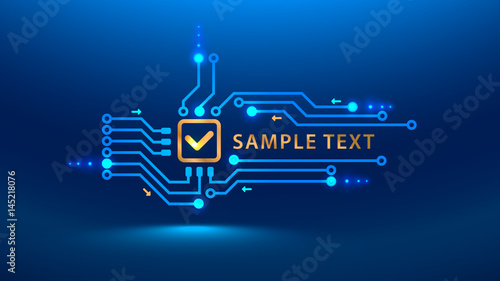 A gold check mark cybersecurity future. Vector illustration electronic print circuit board pcb style