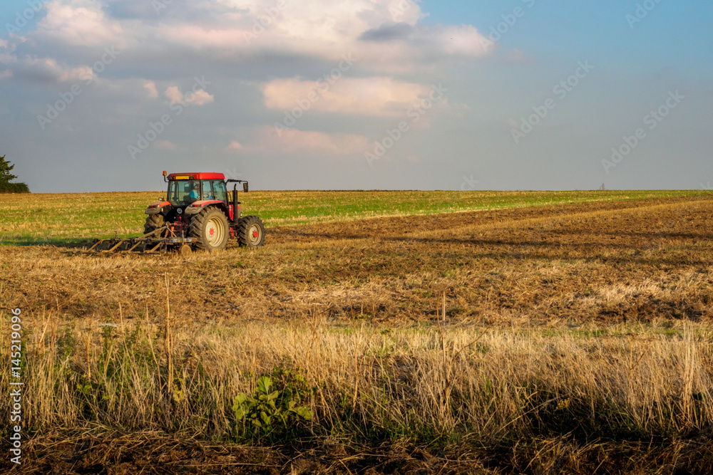 Hard work. Farmer prepares his field for seed.