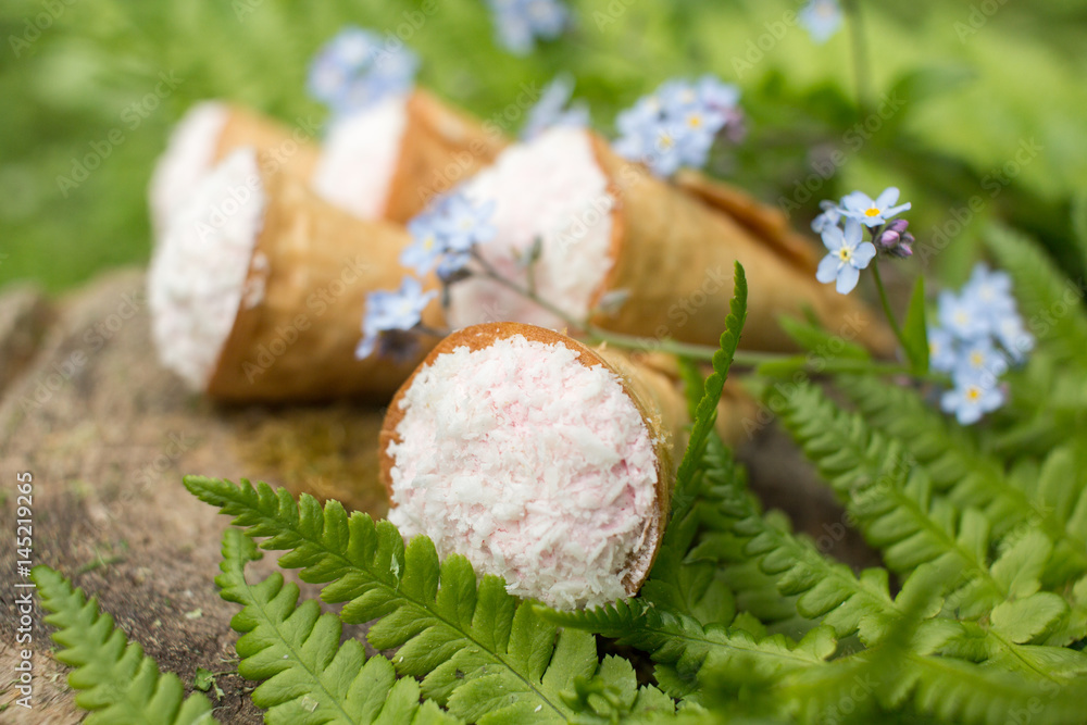 dessert - waffle cones in green leaves