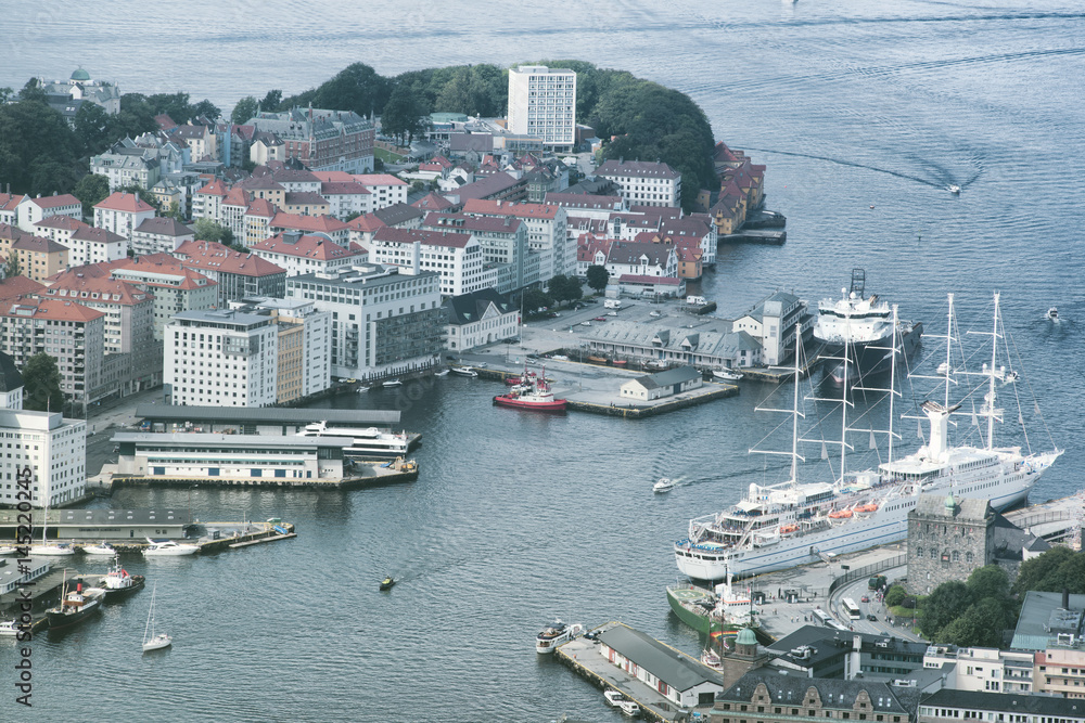 Aerial view of Bergen City, Norway. Large sail ship docked at the port of Bergen.