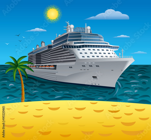 illustration of cruise liner to tropical sea beach resort