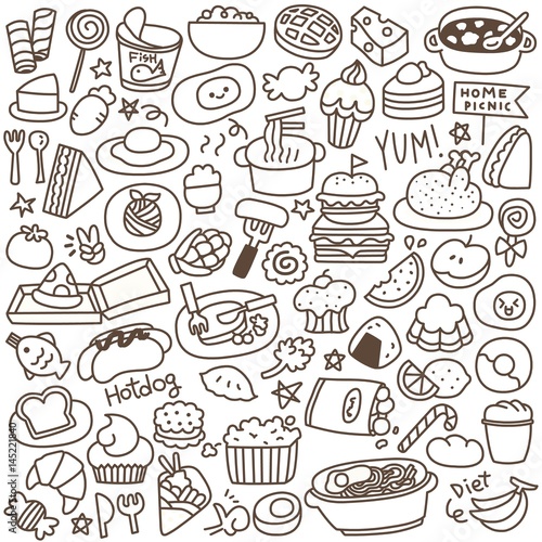 Set of Cute Food Doodle. Black and White.