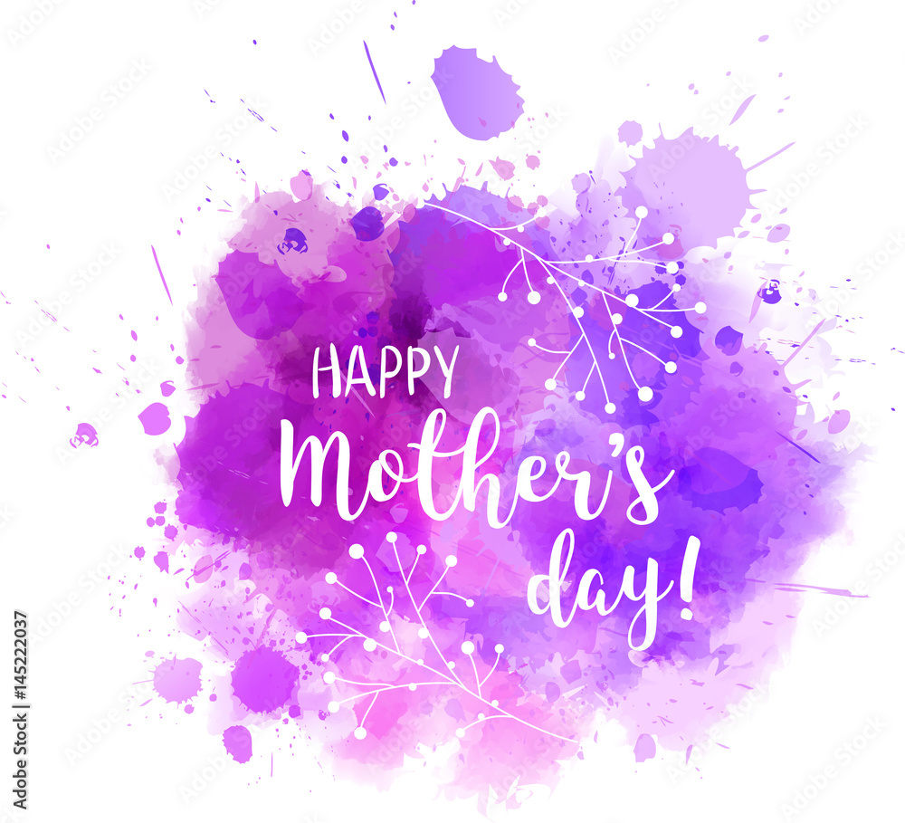 Obraz premium Streszczenie akwarela fioletowy zmaza z komunikatem kaligrafii „Happy Mother's day”.