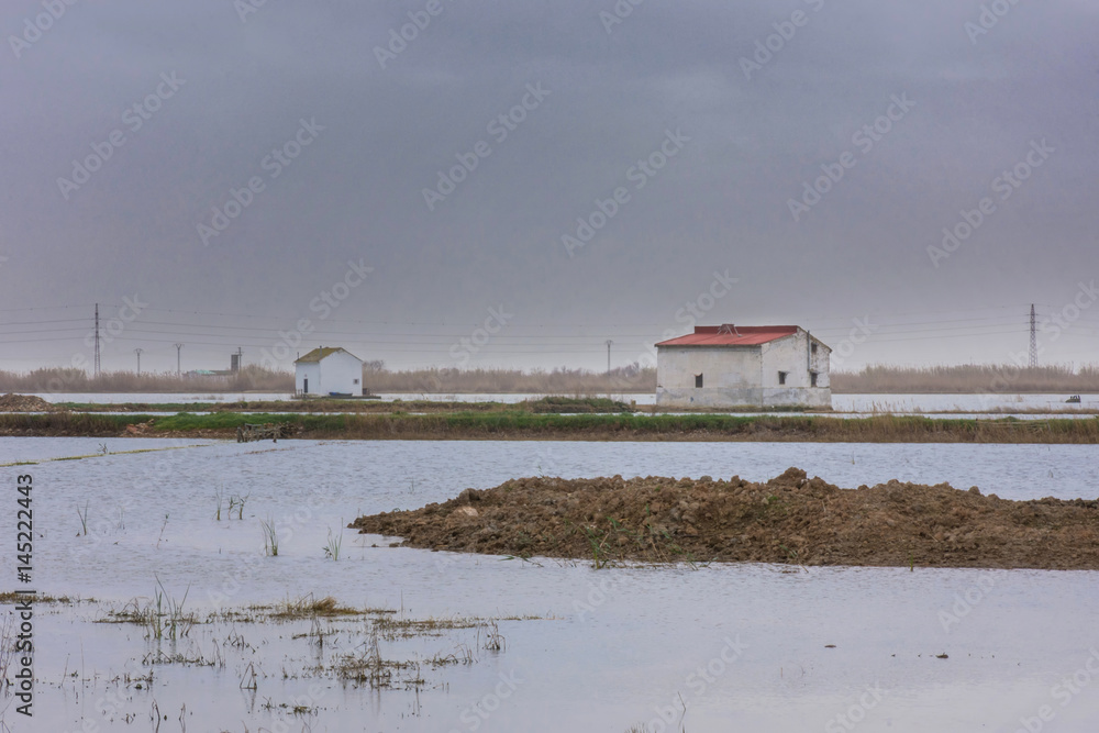 panoramic view of an isolated house in the middle of a lagoon surface in the albufera's park in valencia, spain panoramic view of an isolated house in the middle of a lagoon surface in the albufera's park in valencia, spain