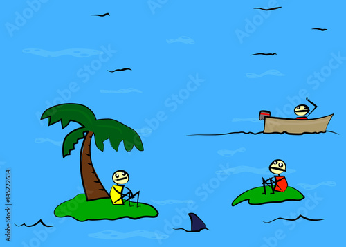 Cartoon doodle two shipwrecked person on deserted island found by a third.