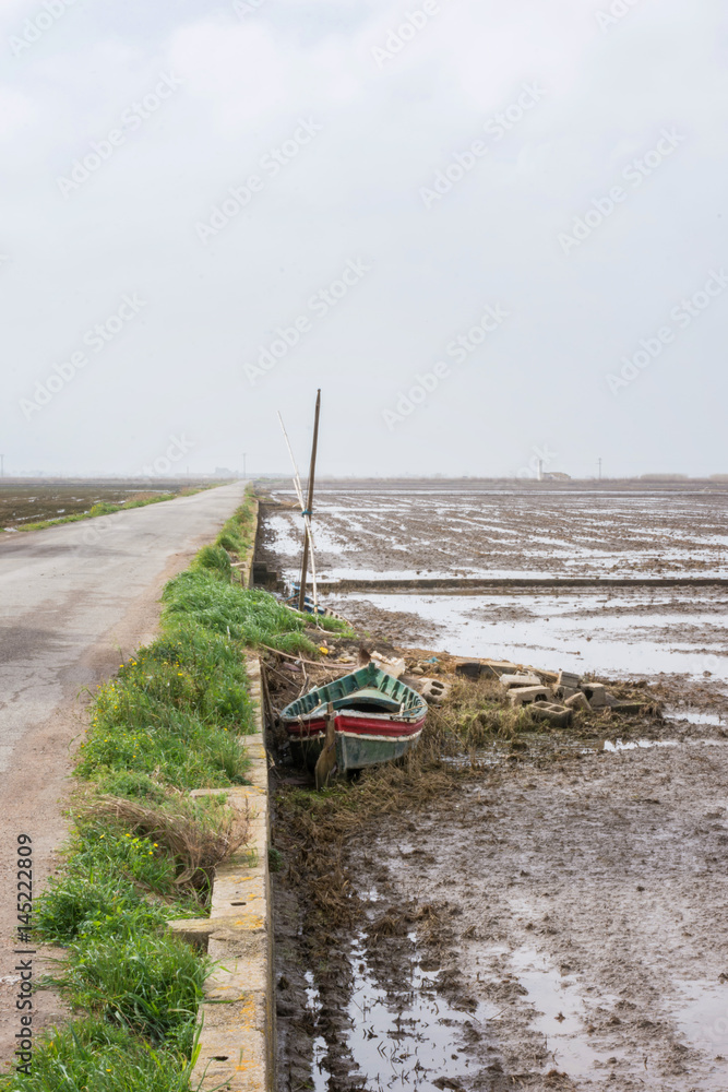 panoramic view of an isolated boat in the middle of a dry lagoon surface ground in the albufera's park in valencia, spain panoramic view of an isolated boat in the middle of a dry lagoon surface ground in the albufera's park in valencia, spain