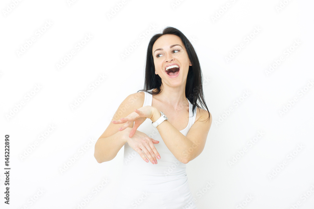Portrait woman smiling with perfect smile and white teeth looking laugh loudly Portrait woman smiling with perfect smile and white teeth looking laugh loudly