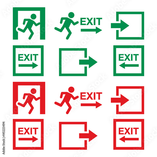 Emergency exit sign, warning icons vector set in green and red