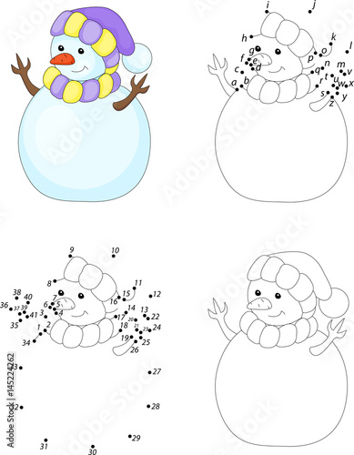 Fototapeta Naklejka Na Ścianę i Meble -  Cartoon snowman. Coloring book and dot to dot game for kids