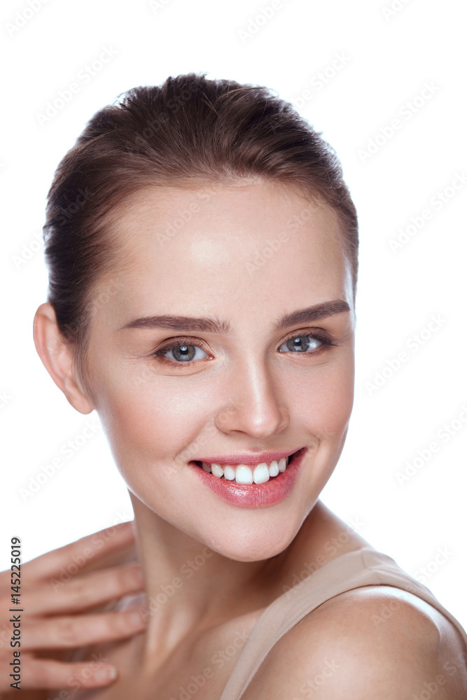 Obraz premium Beauty Cosmetics. Smiling Woman Caressing Perfect Soft Skin