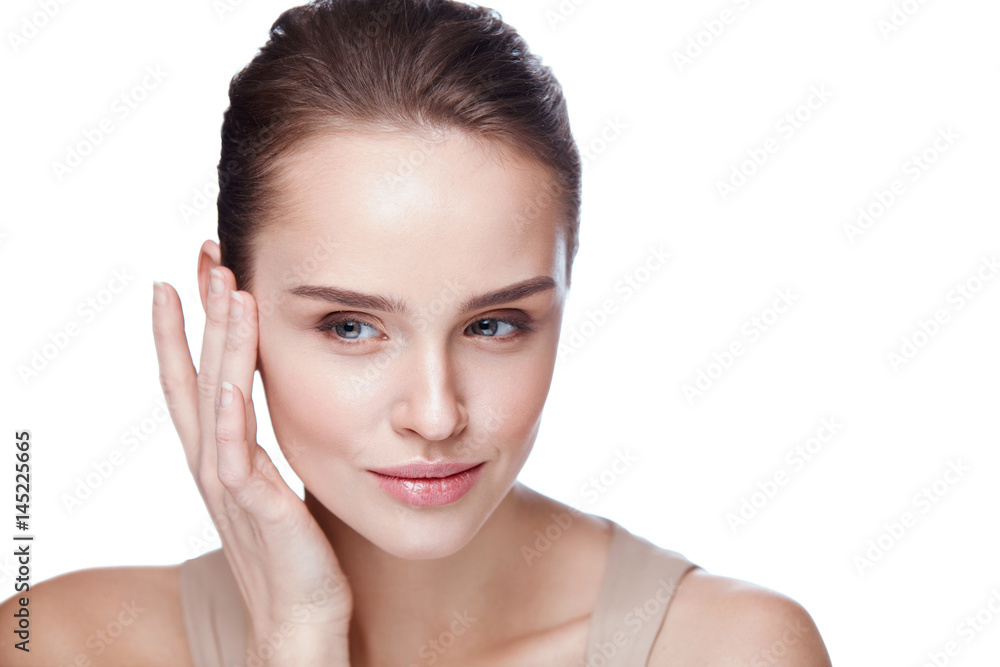 Woman With Face Makeup Touching Smooth Skin. Beauty Cosmetics Woman With Face Makeup Touching Smooth Skin. Beauty Cosmetics