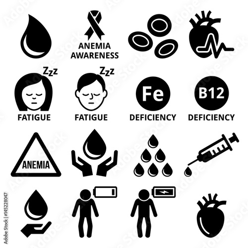 Blood, anemia, human health icons set 
