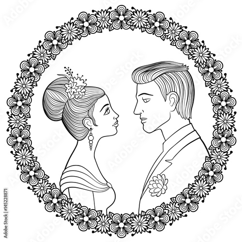 Young couple of lowers looking to each other in decorative floral frame. Woman with hairstyle decorated with flowers in evening dress and man with boutonniere. Antistress coloring page for adults.