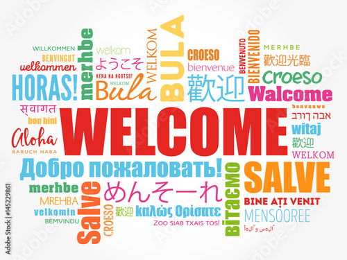 WELCOME word cloud in different languages, conceptual background photo