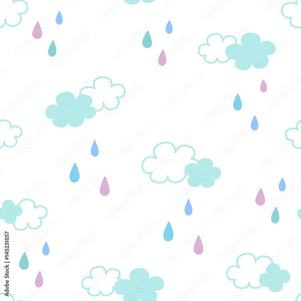 Cloud and raindrops pattern with white background Cloud and raindrops pattern with white background