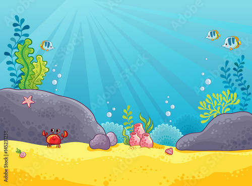 Marine background. Vector illustration of the underwater world. The picture in the style of childrens cartoon.