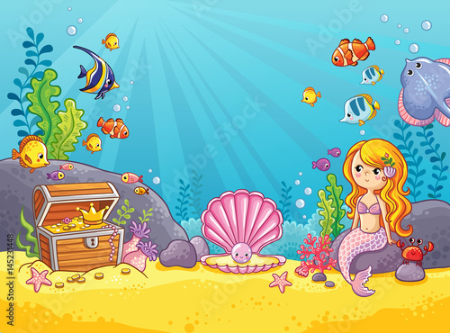 Vector background with an underwater world in a childrens style. A mermaid is sitting on a rock. Wooden chest with gold on the bottom of the sea. Seabed in a cartoon style.